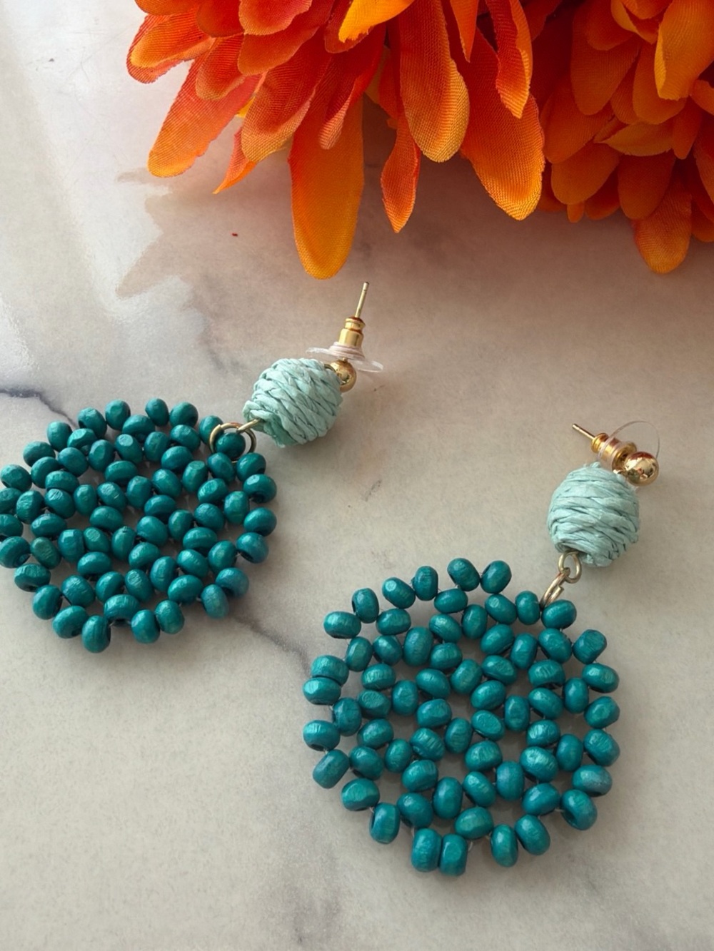 Forever 21 Teal Beaded Disc Drop Earrings with Mint Accents